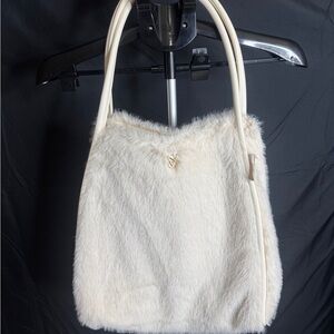 PINK Victoria's Secret Ivory Faux Fur Shoulder Bag with Gold Logo